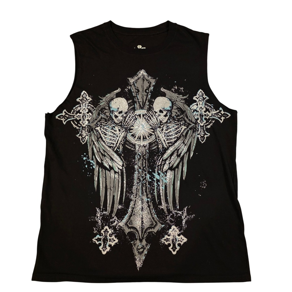 Goodie Two Sleeves Mens Large Winged Skeleton Cross Graphic Muscle Tank Top